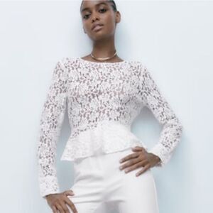 Zara White Lace Deep V Back Peplum Blouse Top Size XS